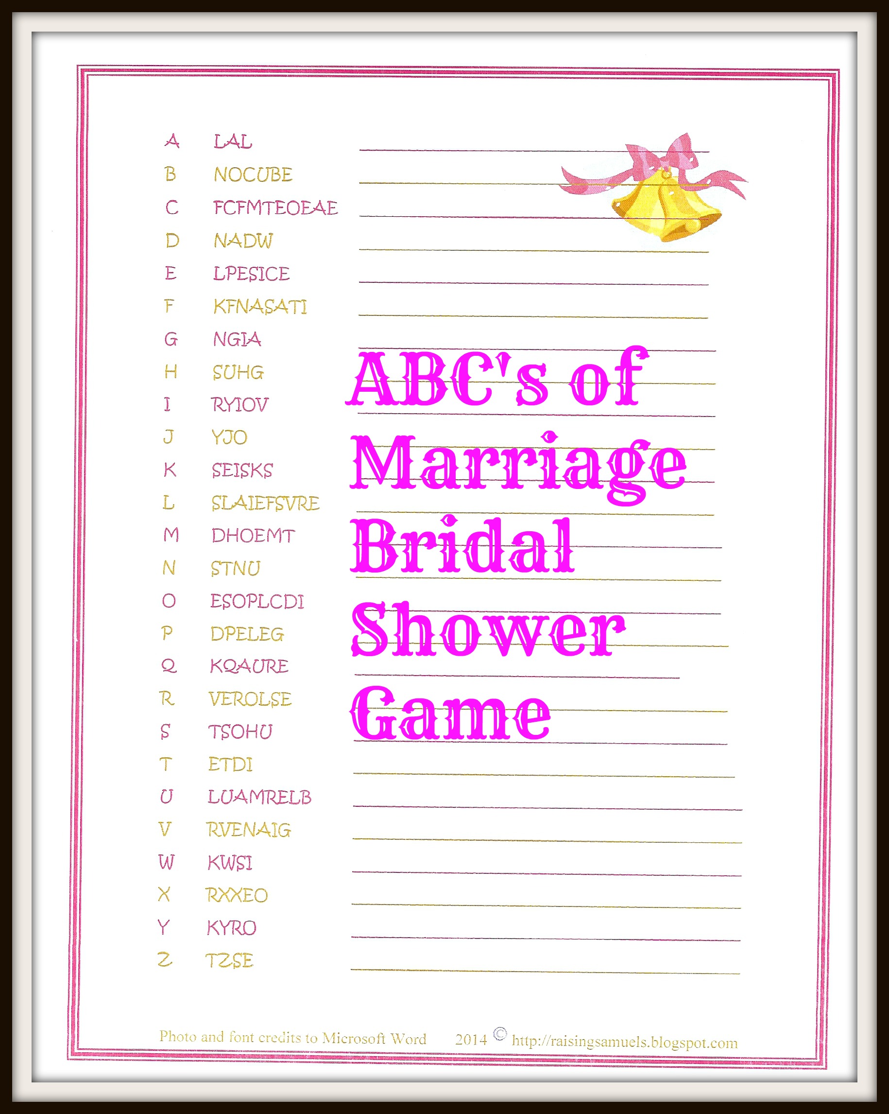 Freebie The ABC's of Marriage Bridal Shower Game Satisfaction